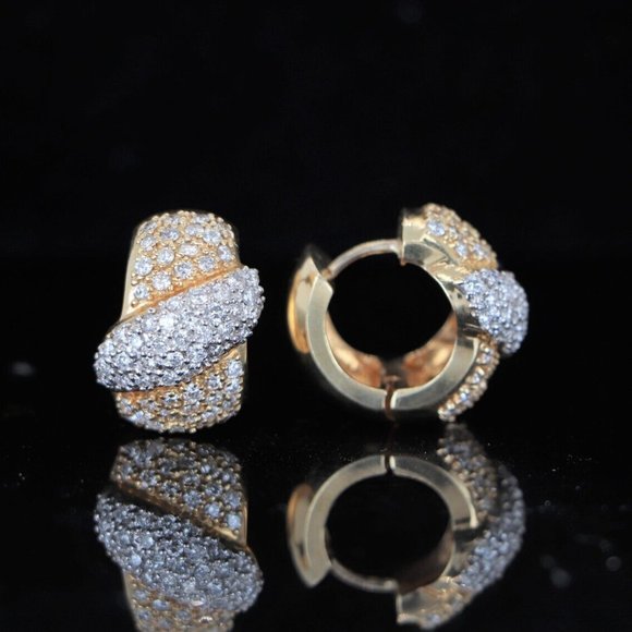19150 14K Yellow White Gold 3.50ct Pave Round Diamonds Huggie Hoop Earrings - Picture 3 of 6